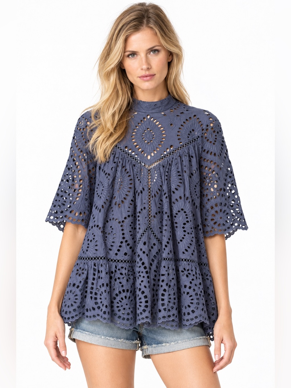 ZIMMERMANN Harlequin Broderie Anglaise Cotton Top in French Navy, Size 2 (US 8)